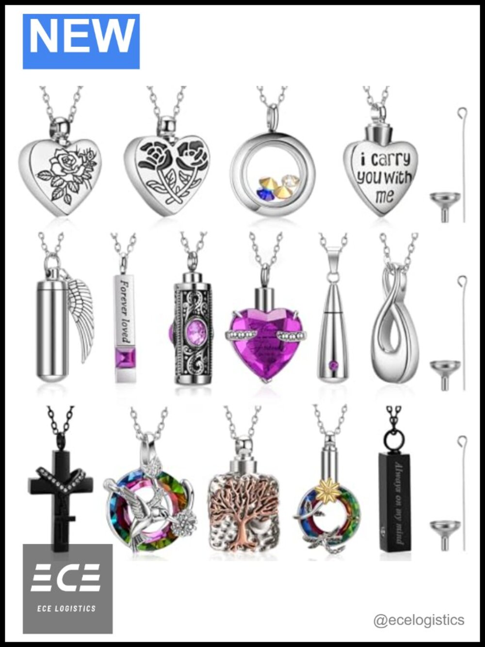 15 Pc Stainless Steel Urn Necklace Set for Ashes Cremation Keepsake Jewelry